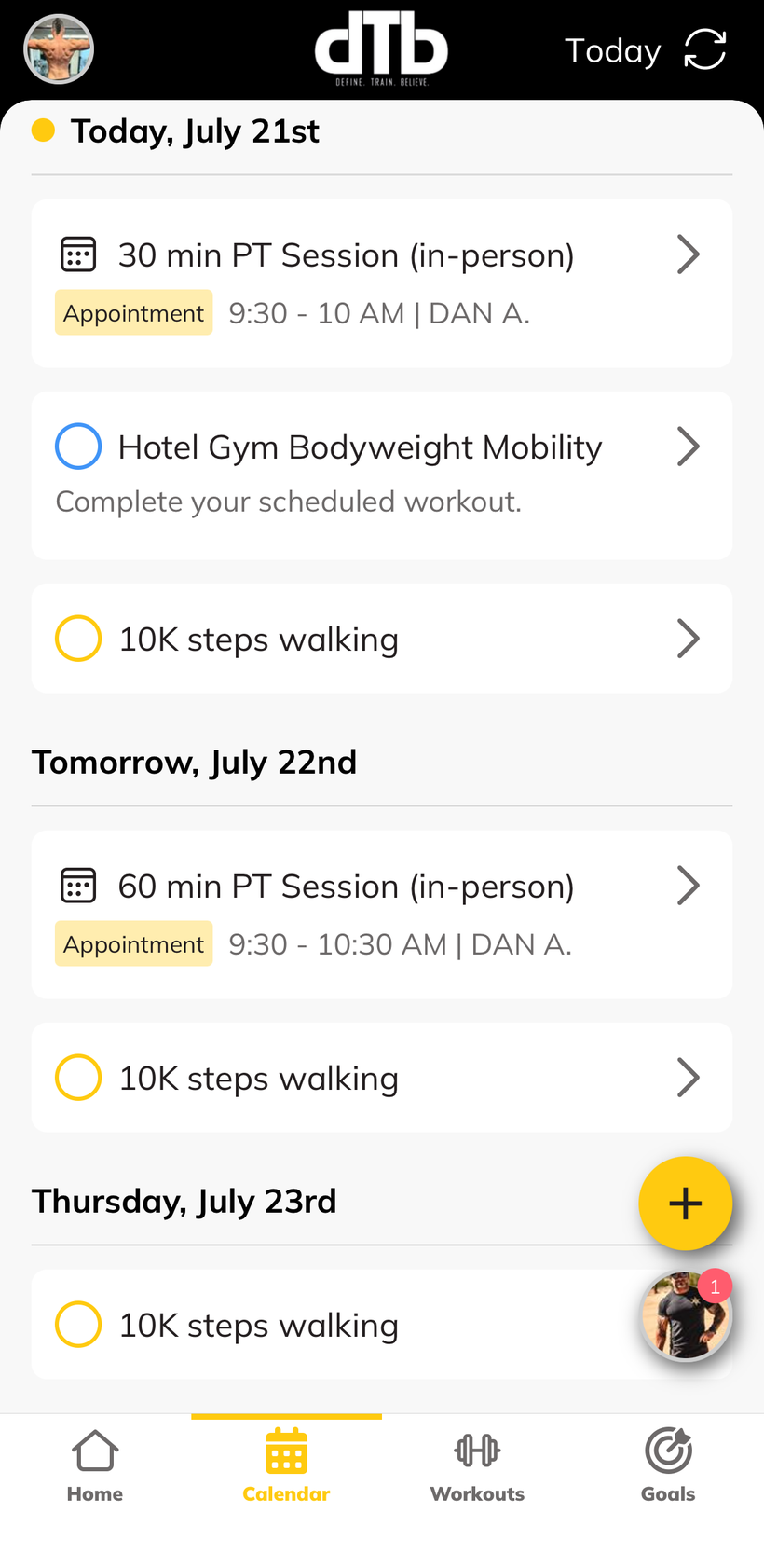 DTB app calendar showing scheduled PT sessions and workouts across the week
