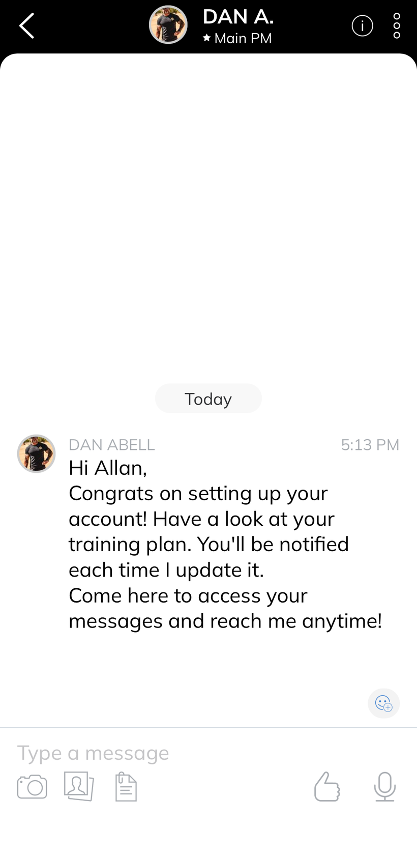 DTB app direct message thread with coach Dan