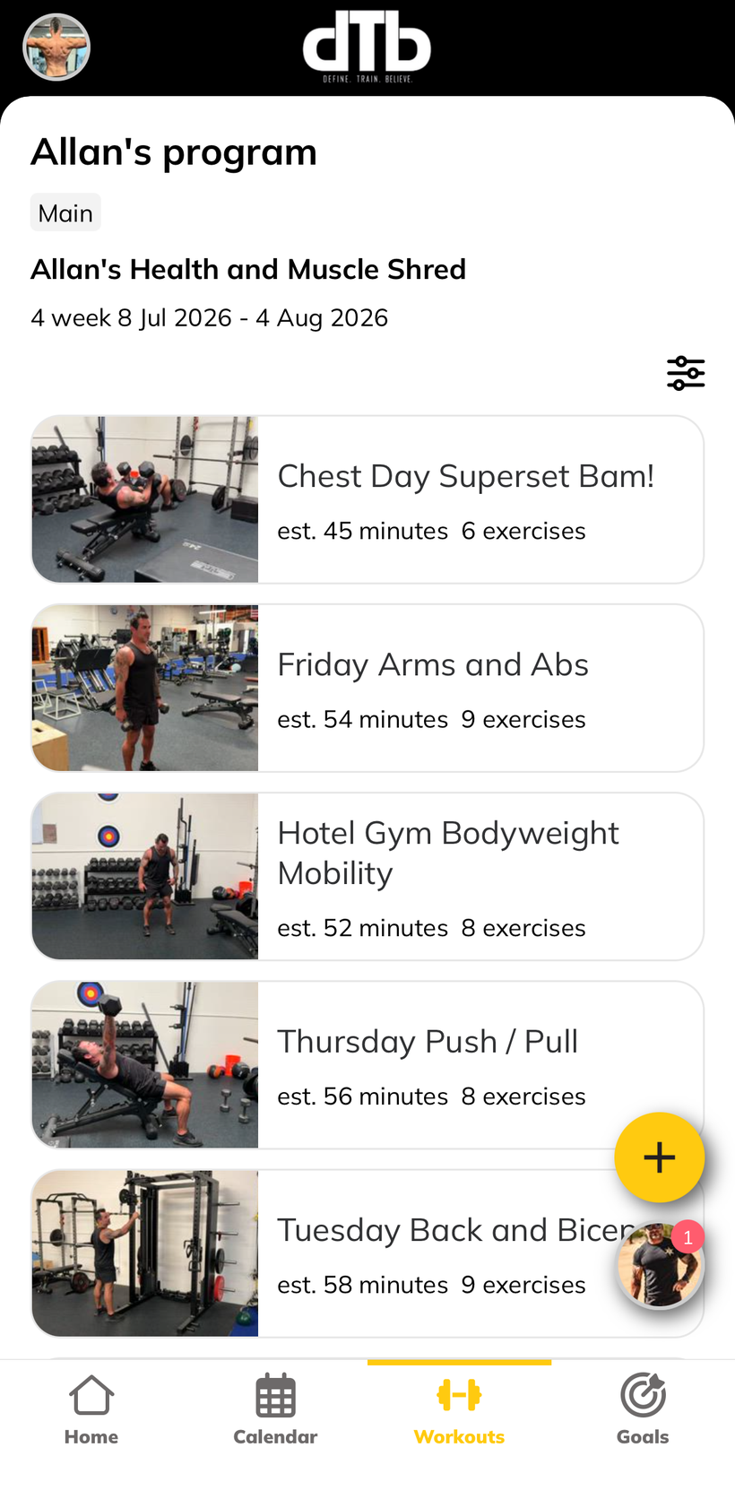 DTB app showing a custom workout program with exercises and durations